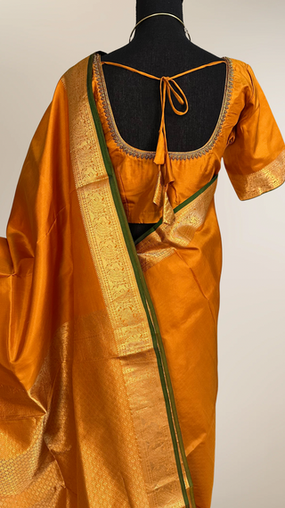 Mustard Yellow Pure Kanjivaram Handloom pure silk Muhurtam Wedding Saree with ready to wear ship Blouse Online USA