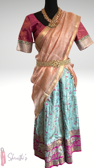 Pastel Blue tissue pavadai lehenga with stitched blouse