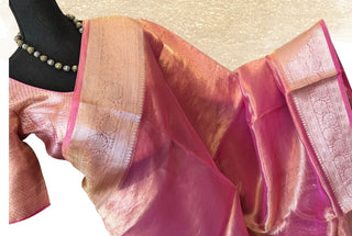 Pastel Pink Pure Double Tissue katan silver Organza  silk saree with blouse online shopping usa
