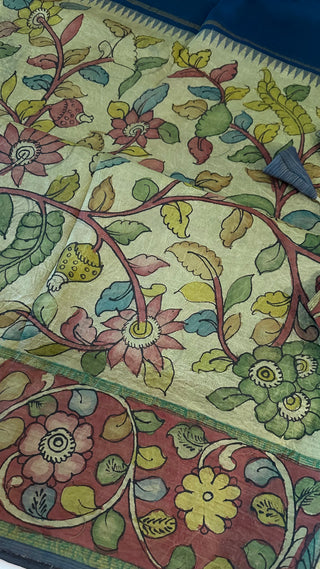 Pure pen kalamkari green pure kanchi pattu saree  yellow pen kalamkari saree with blouse online usa