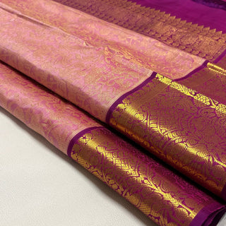 Pure Handloom Authentic Kanjivaram Pastel Pink Vanasingaram brocade silk saree gold zari online stitched blouse embroidered blouse  one of a kind elegant easy drape  silk saree online shopping ships from USA