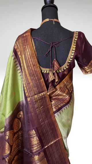 Vintage weaves pure Handloom silk Green to Brown butta Gadwal silk saree with stitched blouse embroidered blouse