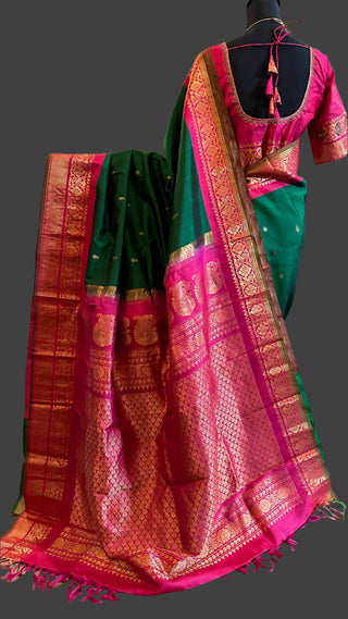Bottle Green Gadwal silk saree with pink zari with embroidered blouse