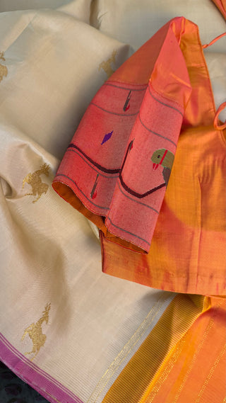 Bridal cream ven pattu saree orange pure zari kanjivaram silk saree with stitched blouse