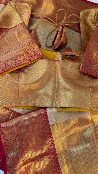Gold Tissue Red Brocade Pure silk pattumuhurtam saree pure zari Kanjivaram silk saree with prestitched blouse embroidered blouse