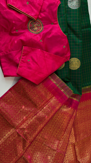 Pure Kanjivaram Handloom pure silk Bottle green pink Handloom silk saree pure zari  Muhurtam Wedding Saree with ready to wear ship Blouse Online USA