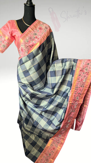 Handloom pure kanjivaram checks embroidered saree  zari Brocade weave silk embroidered borders easy drape finest weave saree
