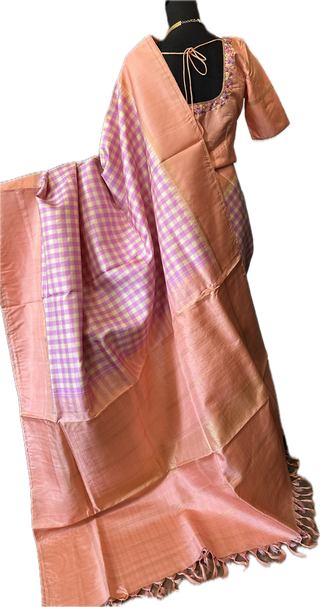 Pastel pure kanjivaram  silk checks saree with hand embroidered blouse