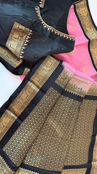 Pure Kanjivaram Handloom pure silk Pink black Handloom silk saree pure zari  Muhurtam Wedding Saree with ready to wear ship Blouse Online USA