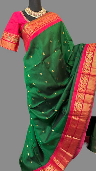 Bottle Green Gadwal silk saree with pink zari with embroidered blouse
