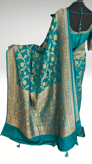 Benerasi Tussar Georgette Katan silk saree online shopping with prestitched blouse