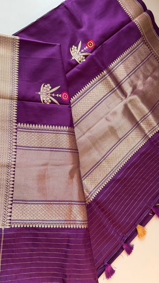 Benerasi Purple raw mango style Handloom silk saree Katan silk saree online shopping with prestitched blouse