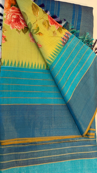 Printed floral pure Kanchi pattu fusion saree with gold tissue  zari pallu easy drape pure silk saree usa