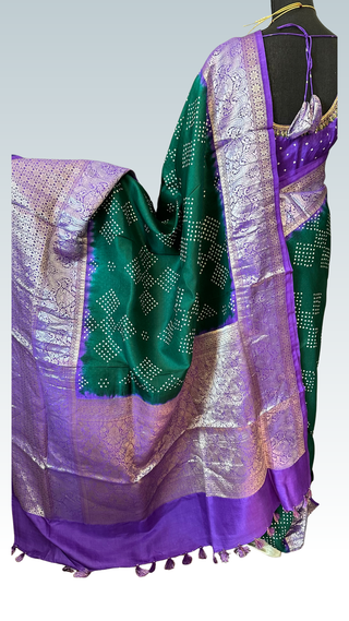 Pure Green Chinya silk Bandhej Silk Saree pure saree silk finish with stitched blouse Partywear pooja wear ready to ship Saree USA