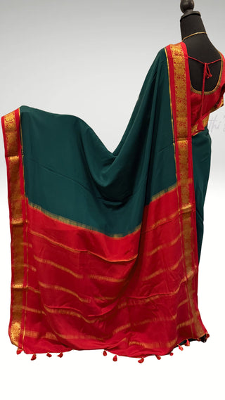 Pure  Mysore silk saree Bottle Green to Red crepe high120  Gsm silk Saree beautiful embroidered saree Indian Wedding & Bridal Silk Saree ready to ship for bridal silk embroidery