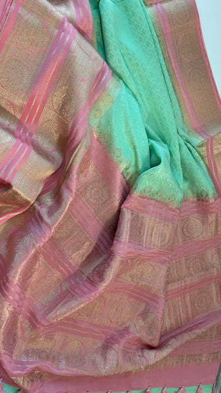 Handloom Pastel’s Georgette checks  Beneras silk saree with stitched blouse  online shopping Partywear
