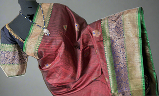 Maroon Tussar Beneras Katan saree with prestitched blouse