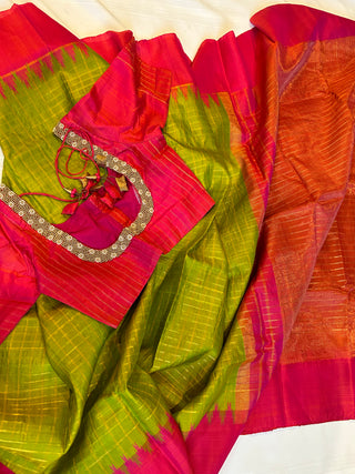 Green Gadwal handwoven silk saree with stitched blouse