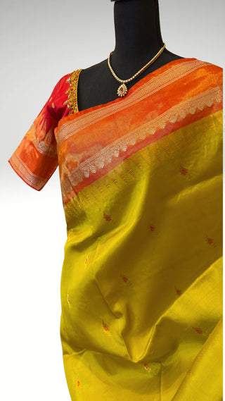 Pure Mehandi Green / Red Tissue Gold Gadwal with stitched blouse Embroidered silk  saree pure zari  gold zari silk saree
