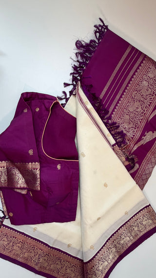 Ven Pattu kanjivaram purple  Kanchi pattu saree gold silver zari Indian wedding saree pure silk saree with stitched blouse usa online shopping