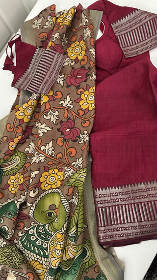 Maroon  Pure Mangalagiri Silk Cotton Lehenga hand painted kalamkari blouse with Dupatta