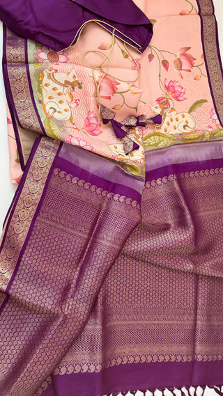 Pure Pichwai kanchi pattu print silk saree with kanchi gold zari  borders and pallu with embroidered blouse online shopping usa pure fusion silk saree usa