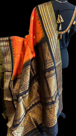 Orange pure gadwal silk saree hand embroidered  pre-stitched blouse