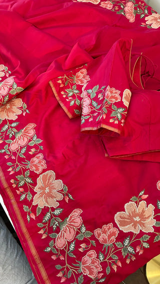 Partywear Easy drape Pink soft silk pure embroidered silk handwoven blouse border
