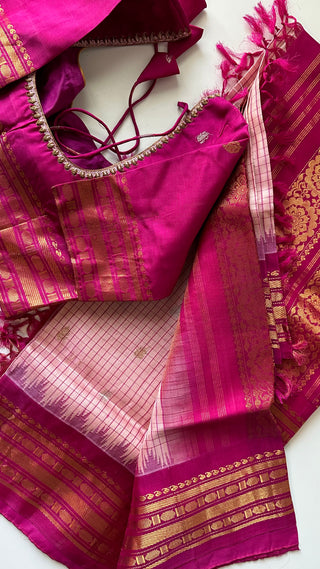 Pink checks Gadwal handwoven silk saree with stitched blouse