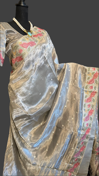 Grey silver tissue Organza soft weave paithani silver borders with stitched blouse
