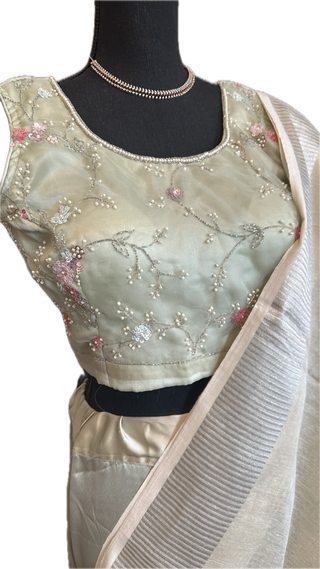 White Linen saree silver zari  with stitched  blouse online usa sale latest linen lightweight partywear zari borders