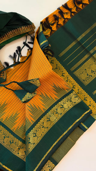 Bottle green yellow kanjivaram silk saree blouse embroidered blouse