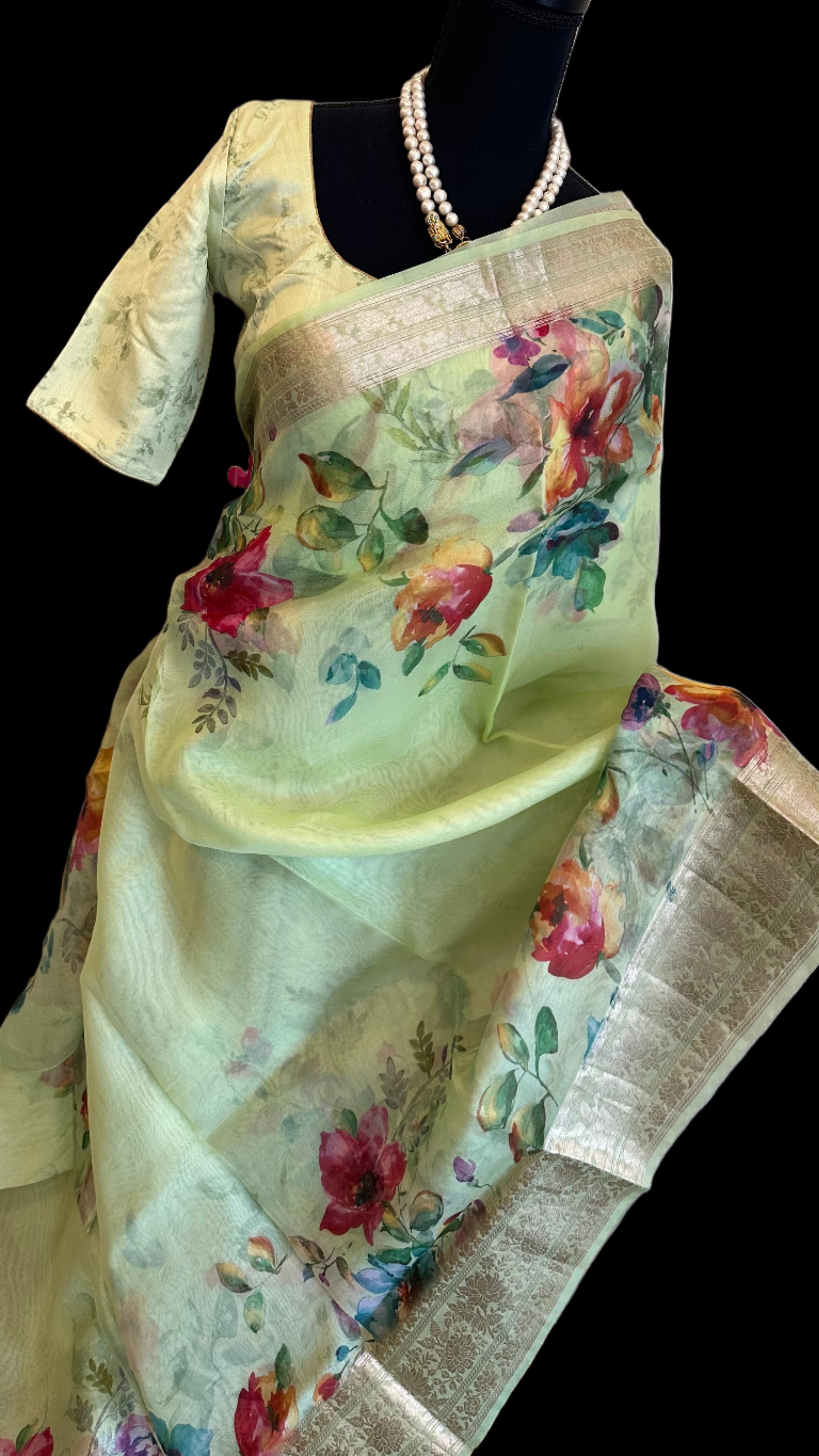 Floral organza saree with stitched blouse online shopping Shruthi s sarees
