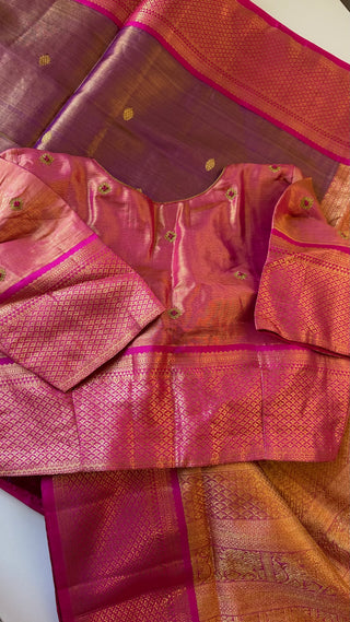 Tissue kanjivaram silk saree with stitched Indian wedding muhurtam silk bridal blouse online shopping usa