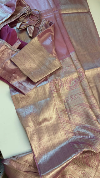 Pure Silver zari Tissue Kanchi Pattu saree with stitched blouse online shopping usa pastel silver zari kanjivaram