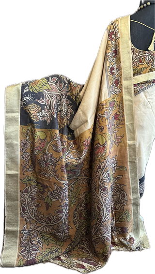 Pen Kalamkari hand painted embroidered  tussar saree online usa with stitched blouse
