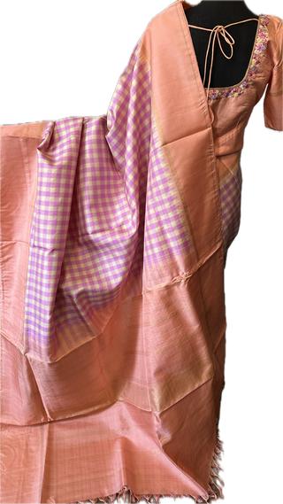 Pastel pure kanjivaram  silk checks saree with hand embroidered blouse