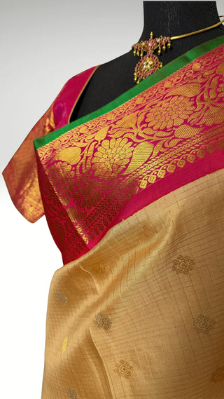 Pure Handloom ven pattu Ven pattu Beige  to pink  Gadwal silk saree gold zari silk with stitched blouse ready to ship USA Easy drape