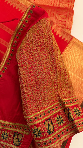 Pure Red kanjivaram pattu muhurtam kalyanam Pelli cheera saree pure zari handloom korvai kanchi red checks butta kanjivaram silk saree with embroidery  blouse
