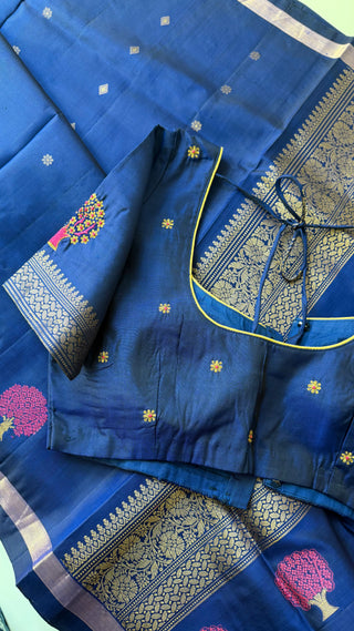 Pure Handloom Soft Silk Saree dark blue silk saree with embroidered  Stitched Blouse Indian handloom wedding pattu Saree Online USA Ready to Ship Saree Online USA Easy Drape
