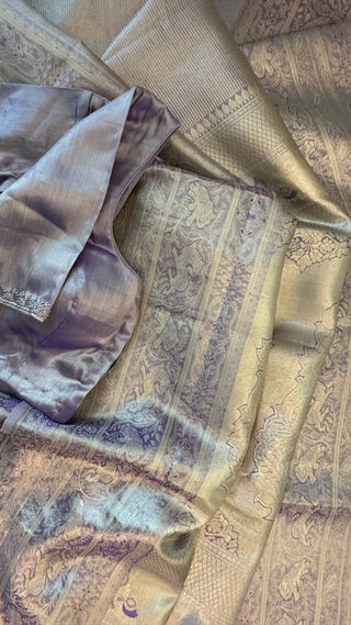 Pastel Lavender vaira oosi silver zari KANJIVARAM SAREE with Hand embroidered blouse
