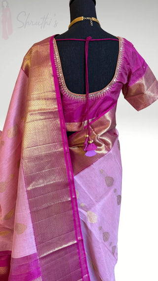 Bridal Gold Handloom Kora silk Pastel Pink pure kanjivaram silk saree stitched embroidered blouse online shopping usa  handloom silk saree