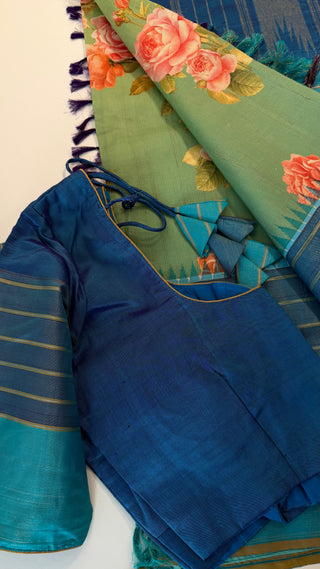 Printed floral pure Kanchi pattu fusion saree with gold tissue  zari pallu easy drape pure silk saree usa