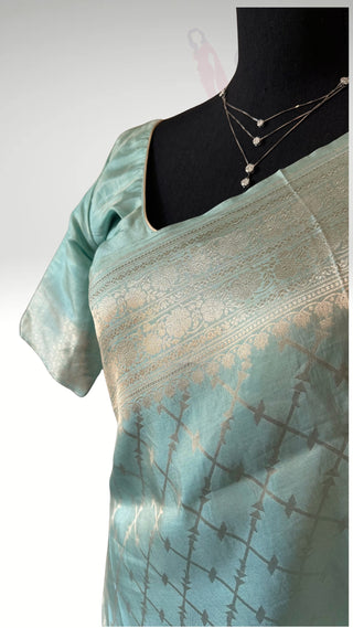 Banaras Pure pastel Tissue Silk Saree iwith silver Zari Border – Ready to Wear Online USA