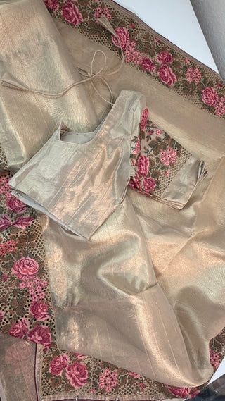 Pure Gold Tissue beneras soft organza silk saree cut work embroidery borders with blouse online shopping usa