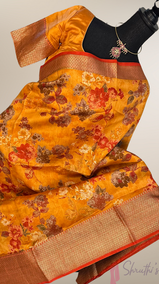 Printed Floral chinya orange  silk sarees with stitched blouse