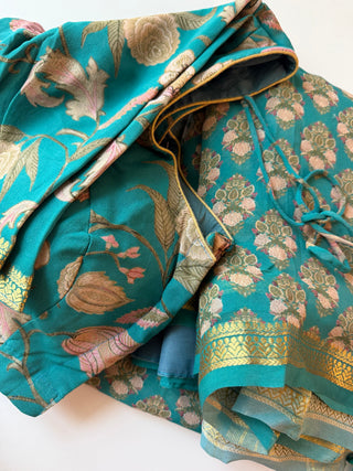 Floral sarees pastel partywear saree  teal Georgette  silk zari borders saree stitched blouse