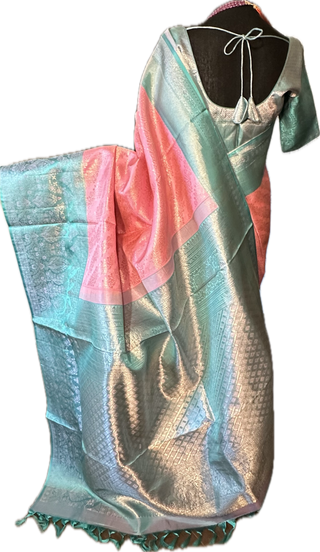 Pink Meenkari pure silk saree silver zari online usa with stitched blouse