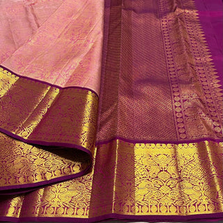 Pure Handloom Authentic Kanjivaram Pastel Pink Vanasingaram brocade silk saree gold zari online stitched blouse embroidered blouse  one of a kind elegant easy drape  silk saree online shopping ships from USA