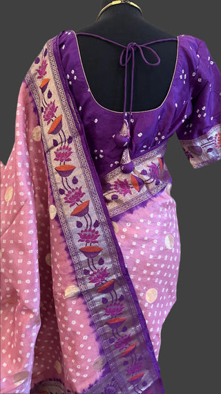 Bandhani silk saree with zari borders mauve pink saree usa
